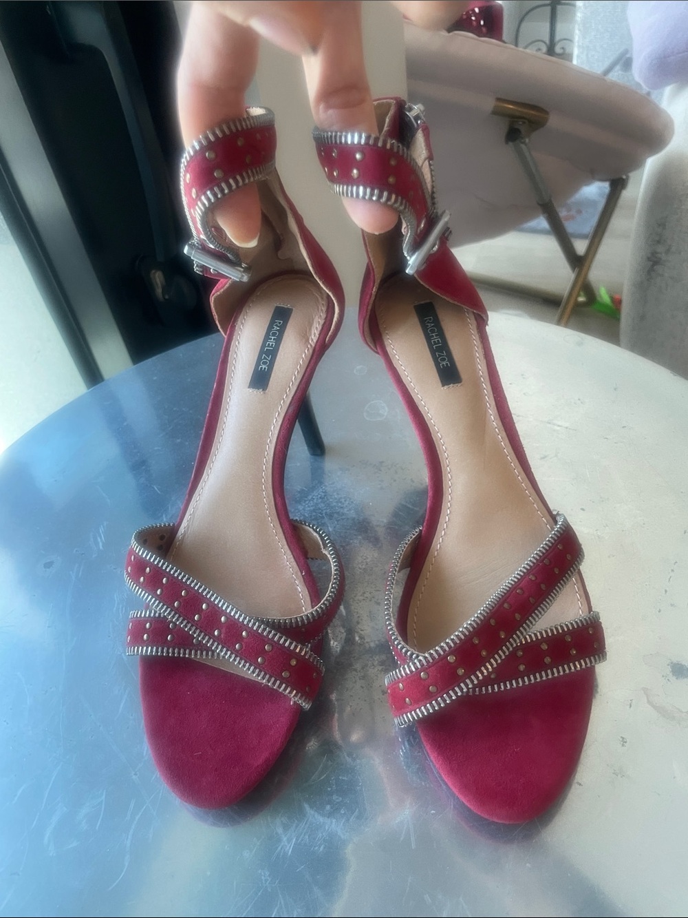 Rachel Zoe Burgundy Suede Studded Ankle-Strap Heels